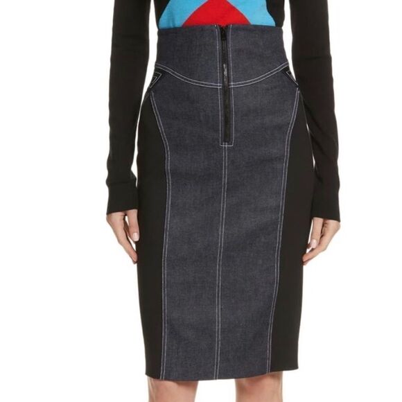 Diane Von Furstenberg InBan Design Band Zip Front Fitted Denim Jean Pencil Skirt - Picture 1 of 16